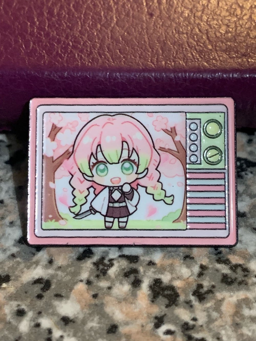 Pastel Pink Anime TV Enamel Brooch with Mint Green Accents